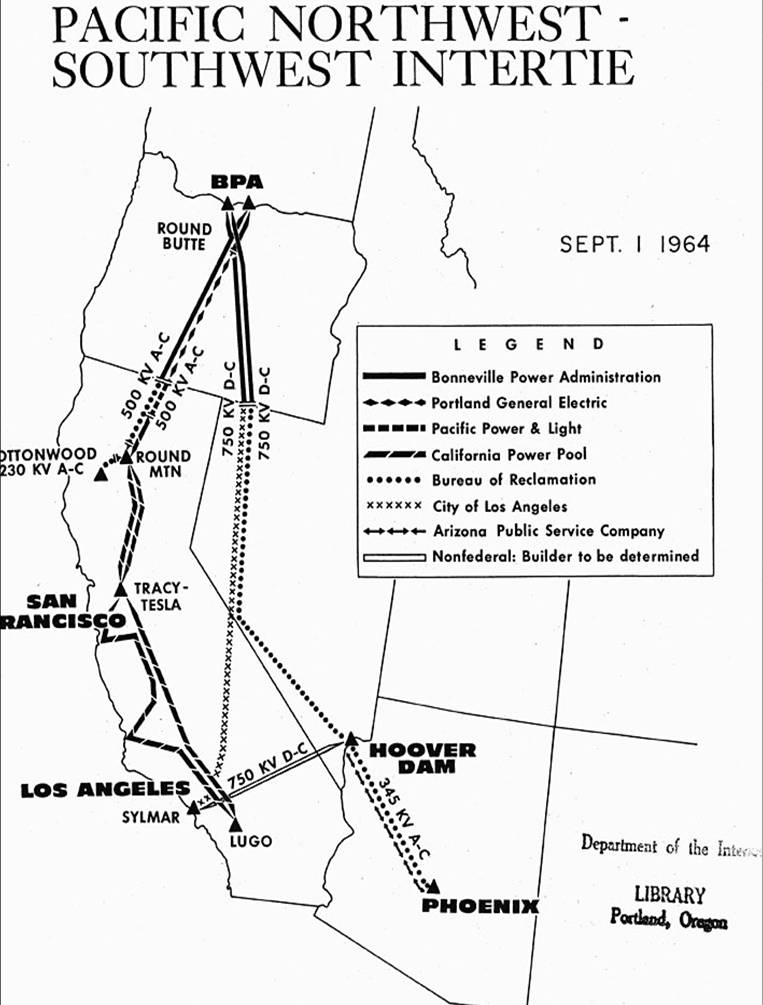 Or-Cal Intertie Map, Hydropower Electricity transmission plan 1962