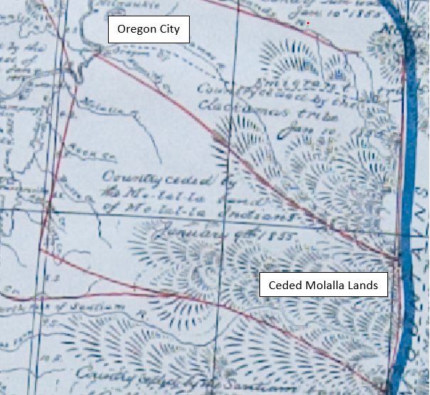 Section of 1855 Belden Map showing ceded Molalla Lands as far west at Oregon City
