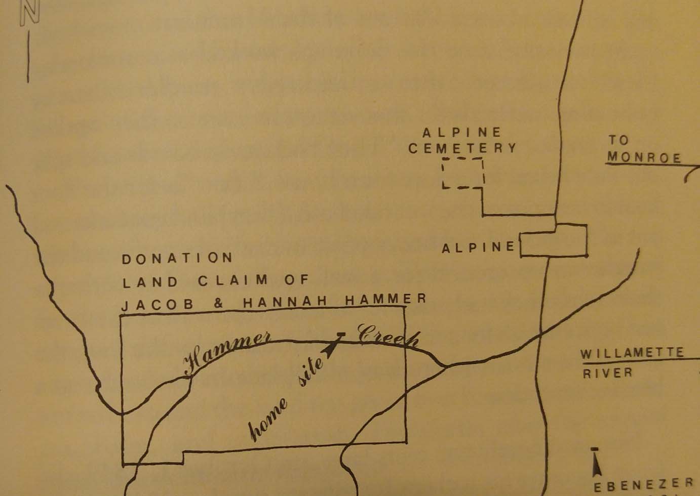 Hammer Allotment map from This Emigrating Company, The 1844 Oregon Trail Journal of Jacob Hammer, p 209. 