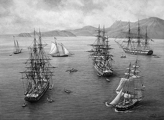 Masted ships in the Northwest, part of the fur trade