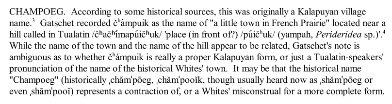 section from Zenk 2006 with Linguistic discussion of Champoeg Name