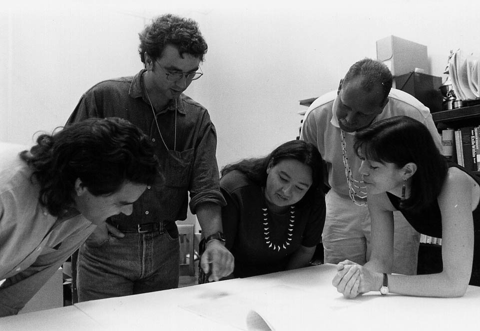 SWORP II team viewing Oregon Treaties 1997, from left, David Lewis, Mark Tveskov, Patti Whereat, Robert Kentta, Deni Hockema