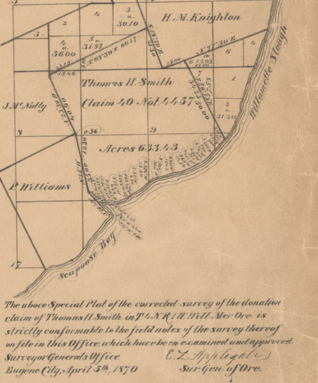 1866 inset, detailing Smith Landclaim, the likely location of the Milton Encampment, the Temporary reservation of the Clatskanie and Ne-Pe-Chuck