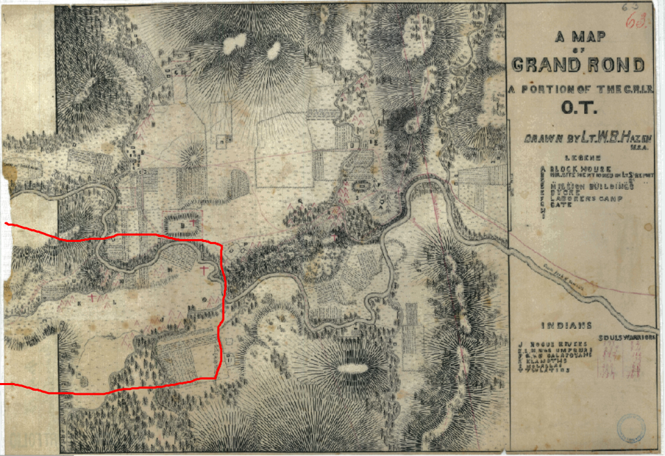 Hazen Planning Map for the G.R.I.R., O.T. 1856, Umpqua Encampment section outlined