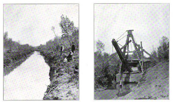 Left: channel dig to drain Lake Labish, Right: Ditch Witch which dredged the channel to drain Lake Labish.